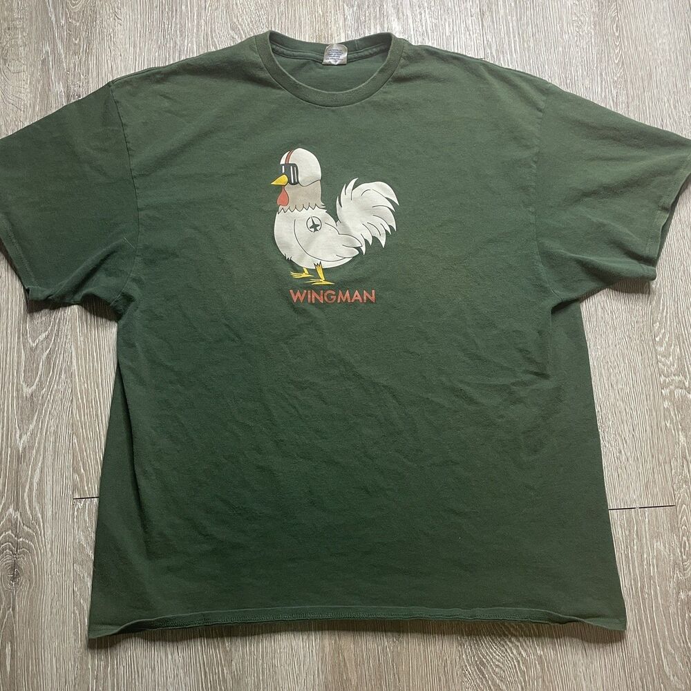 VTG 90s Wingman Rooster Pilot Graphic Tee Delta Pro Weight Distressed Green XL